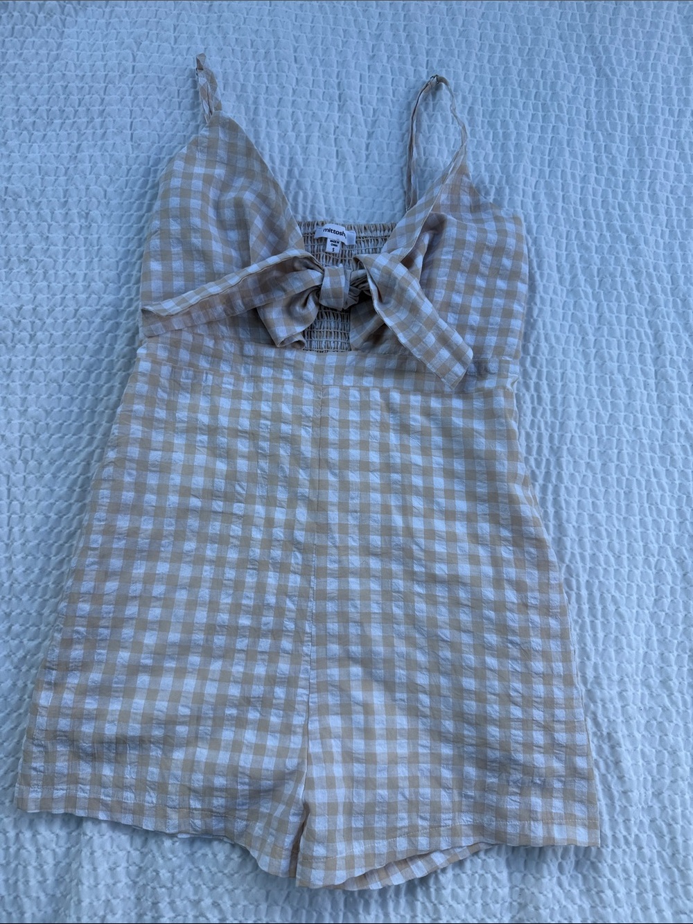 mittoshop Beige and White Gingham Tie-Front Romper